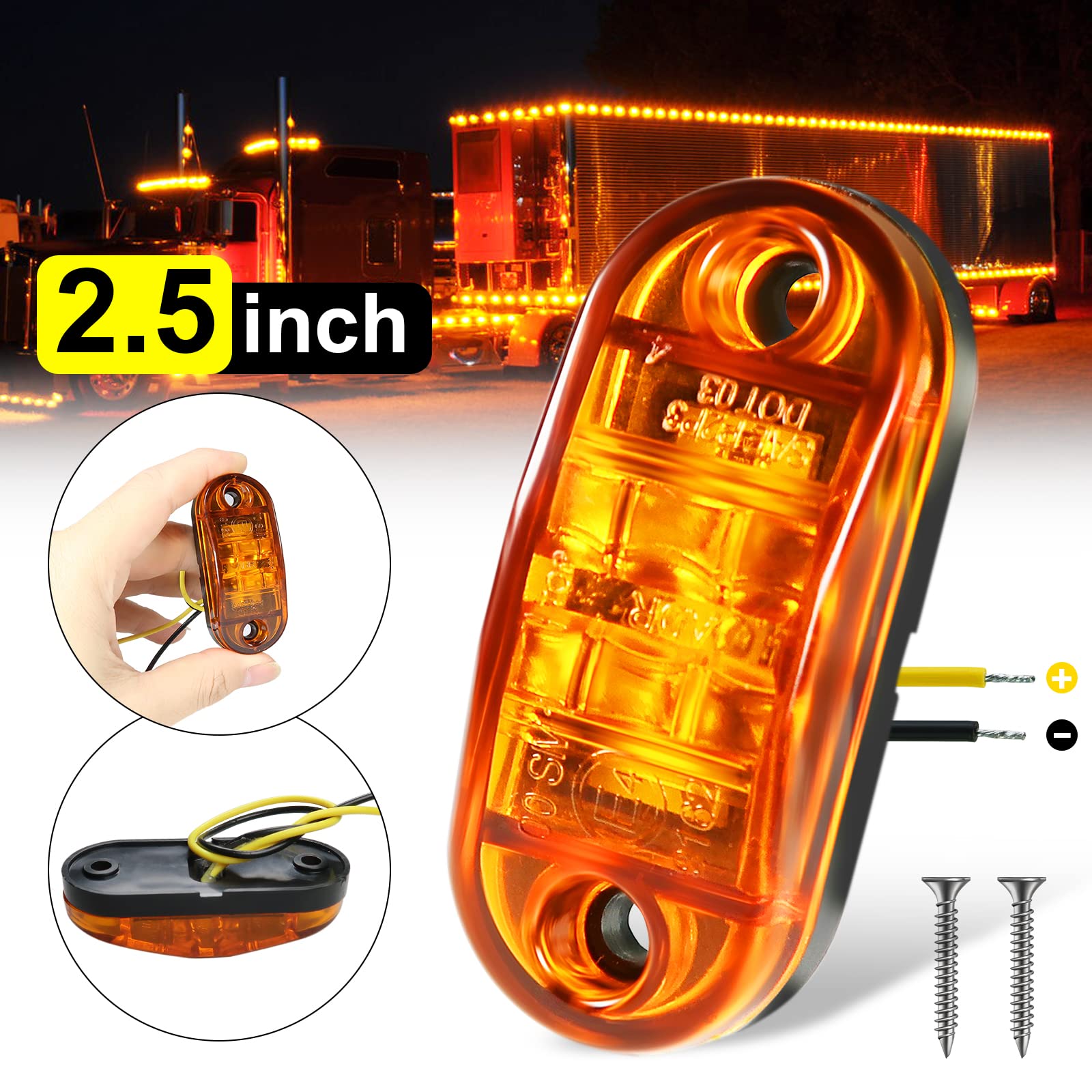 Psdriqq Led Trailer Lights Kit Front Rear Side Marker Clearance Indicators Light Lamp, 10Pack Amber + 10Pack Red Dc12-24V 2.5''